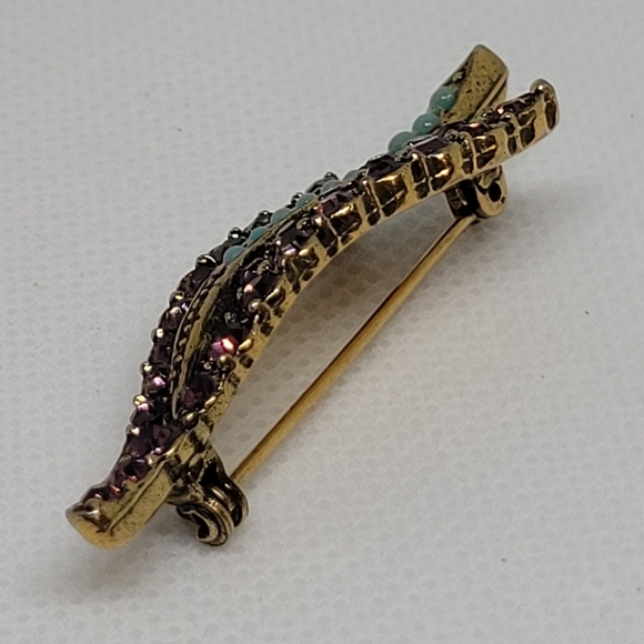 STUNNING Vintage Purple Rhinestone Turquoise Stone Gold Tone Leaf Brooch - Picture 5 of 15